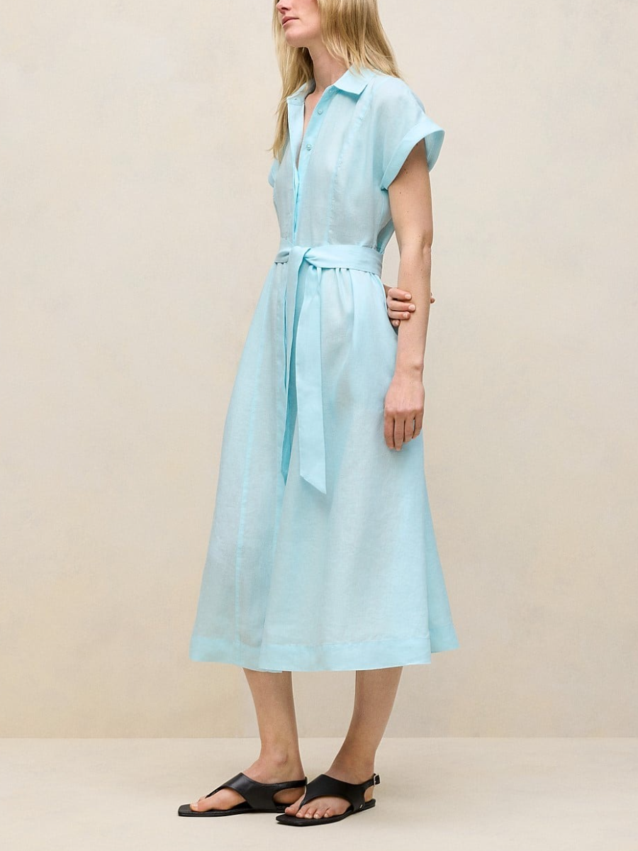 Sky Blue Linen Belted Shirt Dress