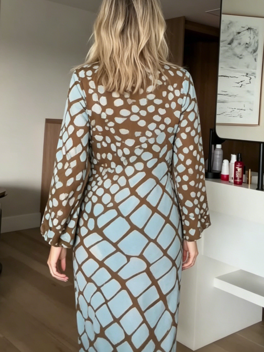 Geometric Spot Print Keyhole Front Long Sleeve Midi Dress