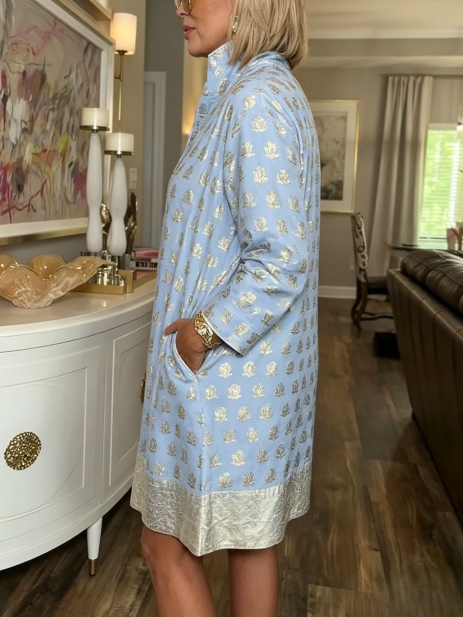 Metallic Gold Leaf Print Half Zip Collar Shift Tunic Dress