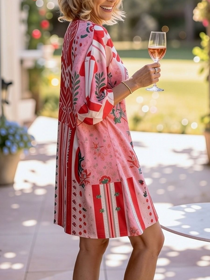 Pink Red Mixed Print V Neck Loose Mini Dress
