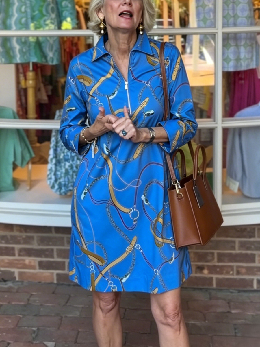 Luxury Horsebit Chain Print Waist Tie Mini Shirt Dress