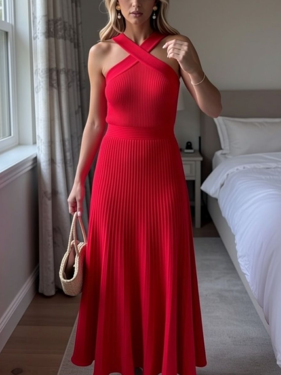 Elegant Red Halter Pleated Midi Event Dress