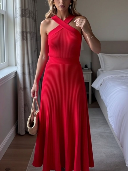 Elegant Red Halter Pleated Midi Event Dress