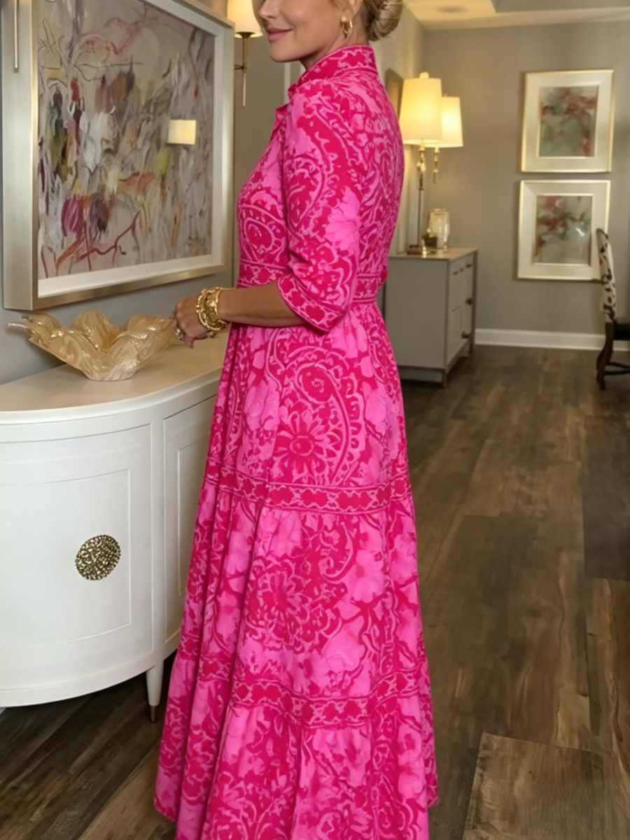 Bright Pink Printed Waistband Tiered Collared Long Dress