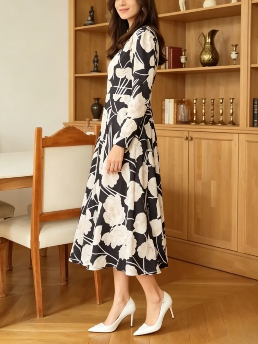 Satin Fit And Flare Floral Mid Dress