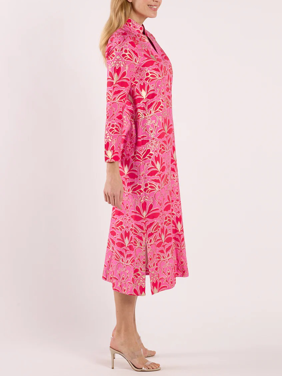 Stand Collar V-Neck Gold Foil Print Dress