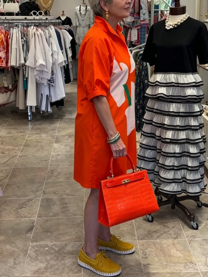 Bright Orange Abstract Flower Print Loose Shift Shirt Dress