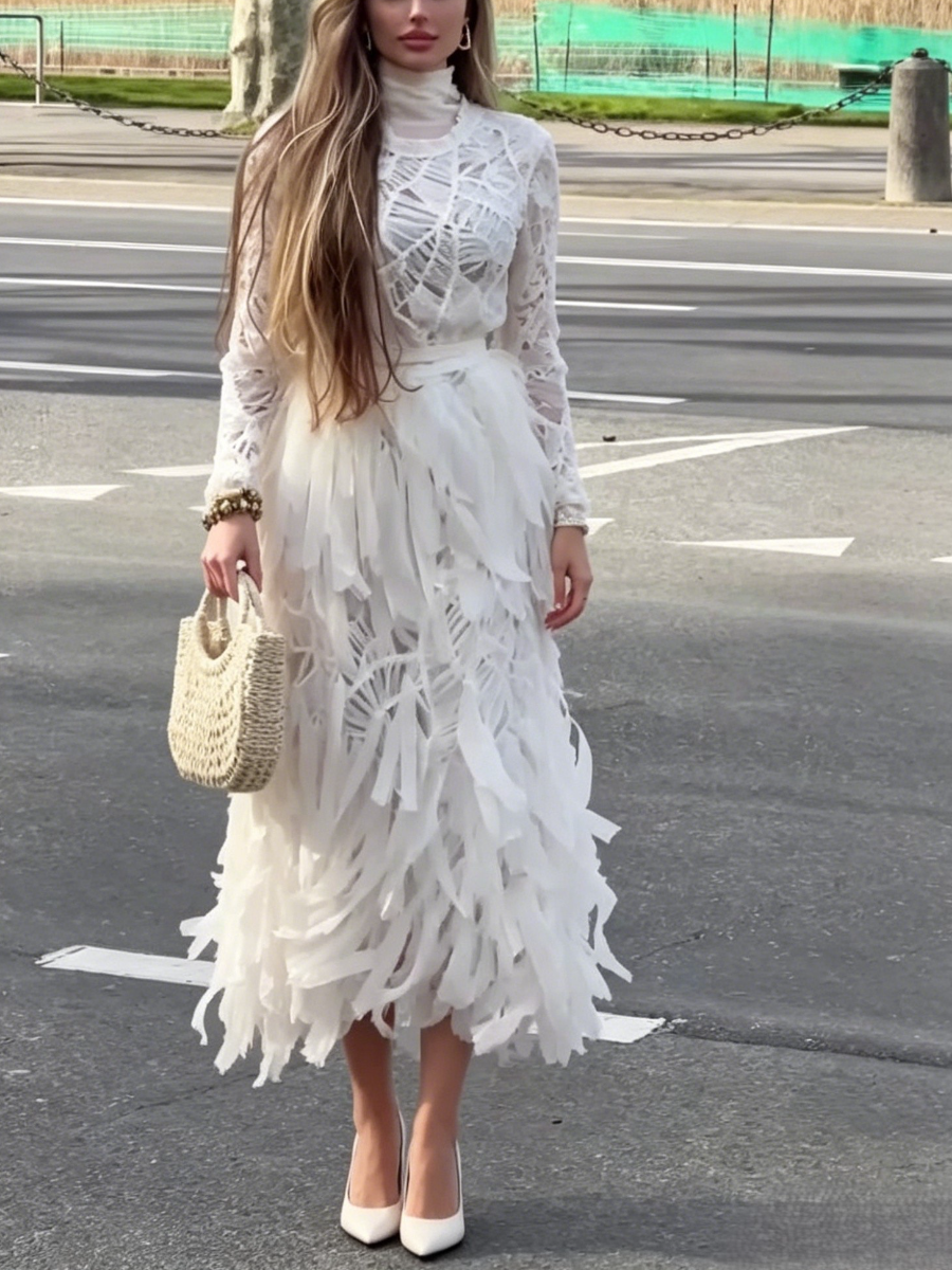 Ethereal White Lace & Feather Midi Dress