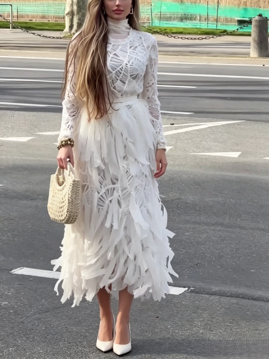 Ethereal White Lace & Feather Midi Dress