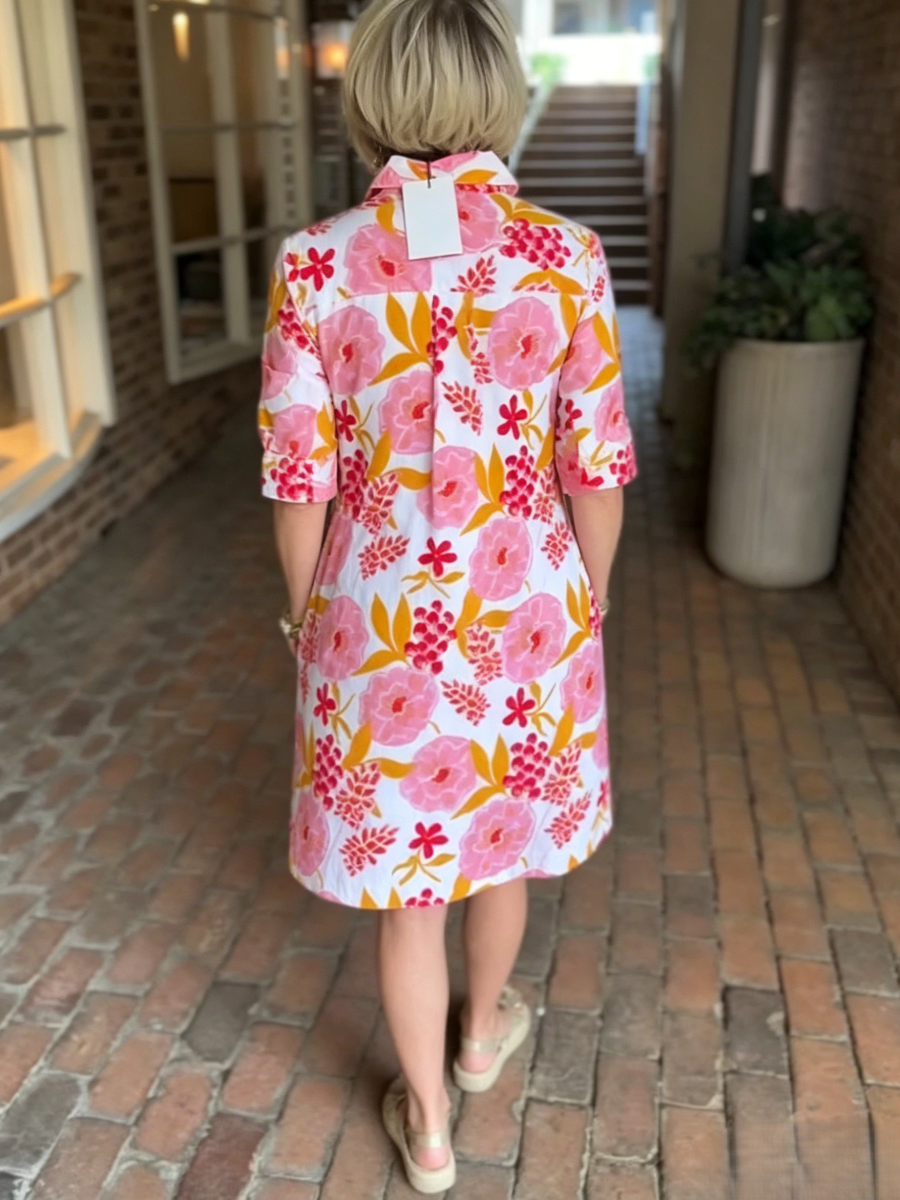Watercolor Flower Print Loose Fit Collar Shift Dress