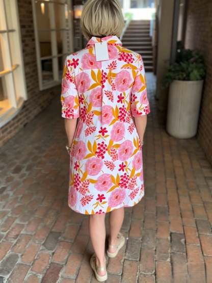 Watercolor Flower Print Loose Fit Collar Shift Dress