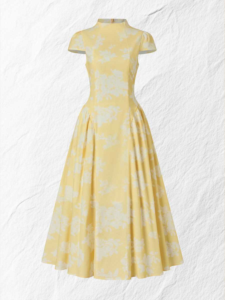 Yellow Floral Jacquard Midi Dress