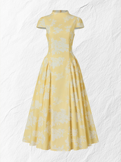 Yellow Floral Jacquard Midi Dress