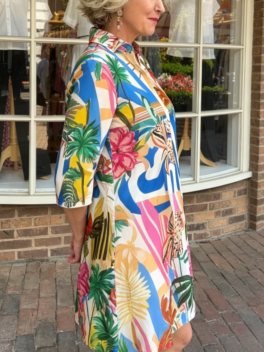 Vibrant Jungle Print Button Down Shift Mini Dress