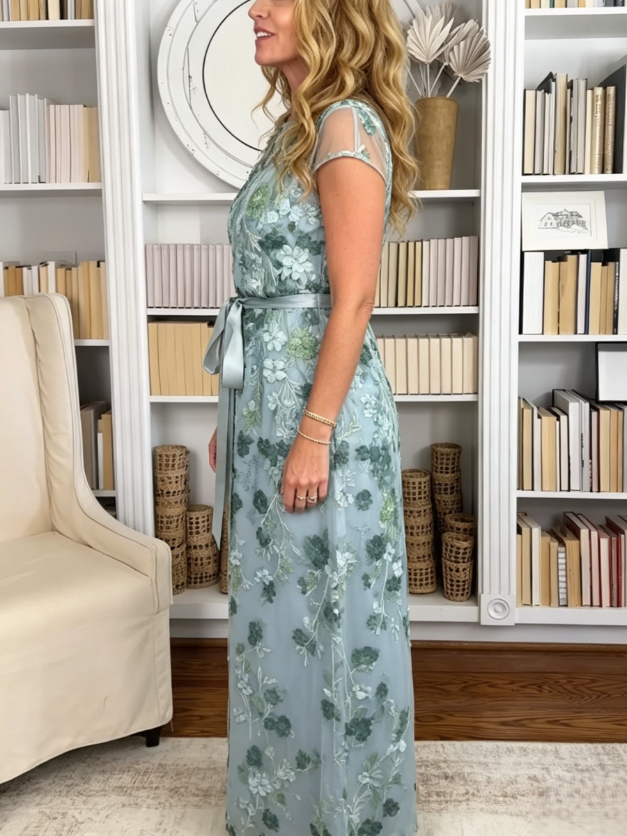 Sage & Blue Floral Lace Evening Gown