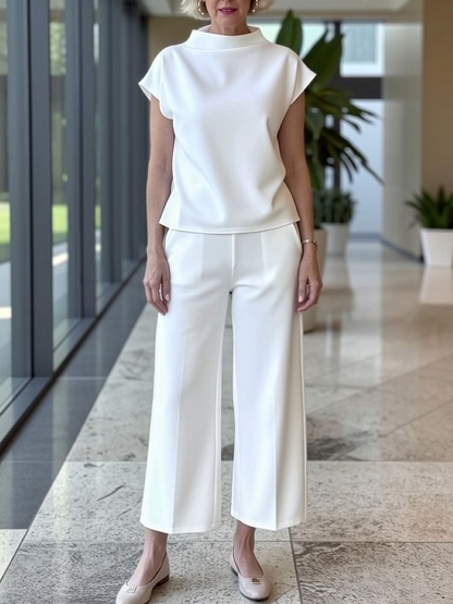 White Mock Neck Satin Two Piece Wide Leg Pant Set