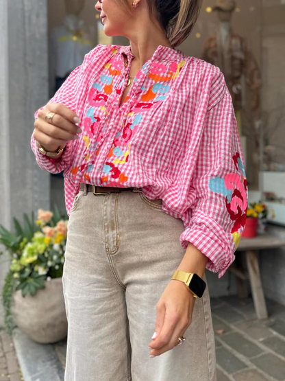 Premium Pink Gingham Embroidered Blouse