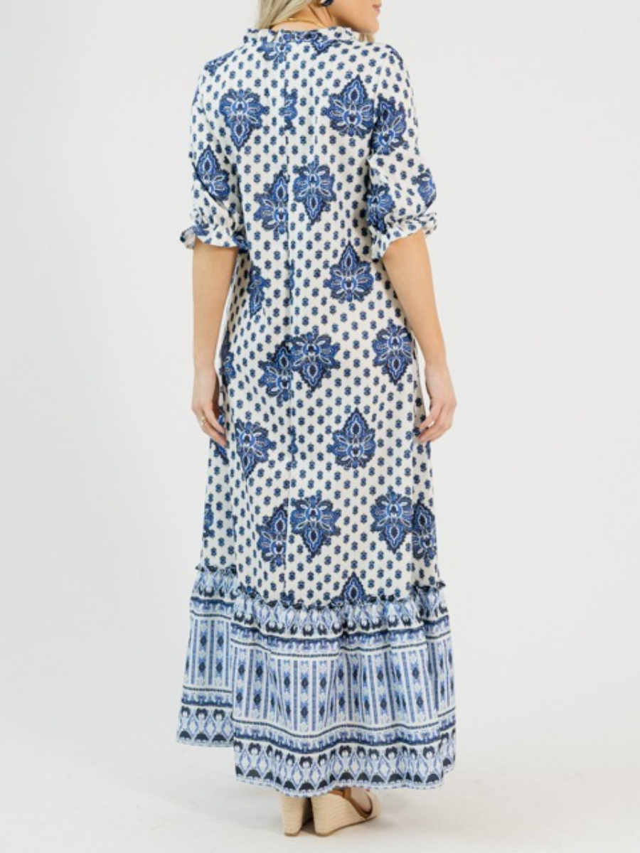 Blue White Boho Print Tiered Maxi Dress