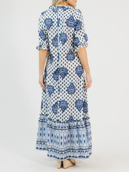 Blue White Boho Print Tiered Maxi Dress
