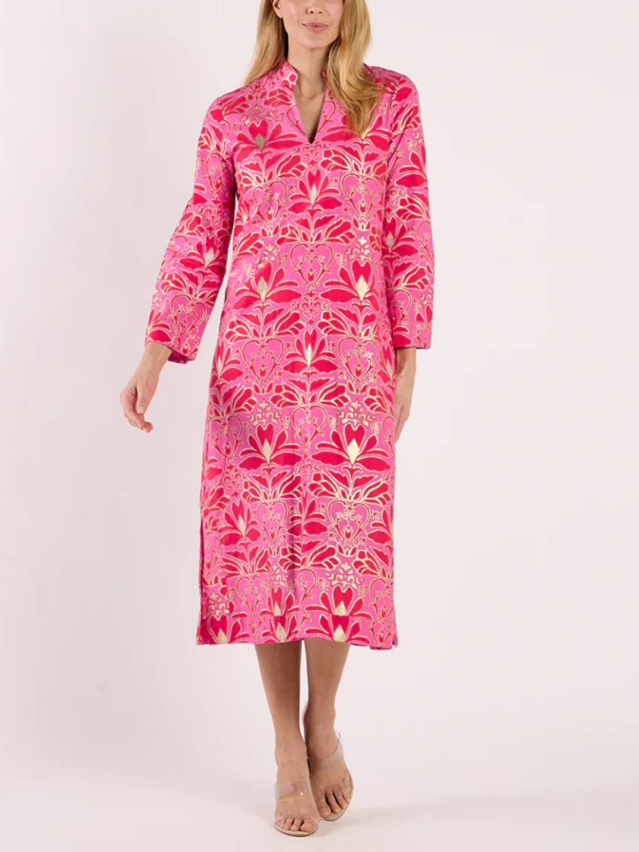 Stand Collar V-Neck Gold Foil Print Dress