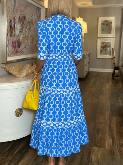 Chain Pattern Waist Tie Tiered Collared Pocket Midi Dress