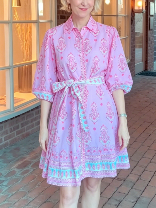 Boho Border Print Tie Waist Short Sleeve Shirt Mini Dress
