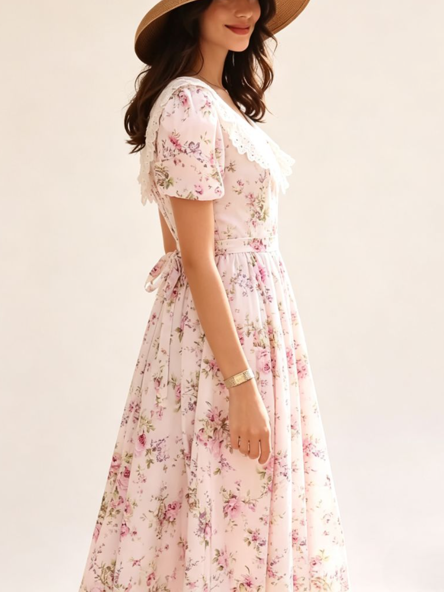 Pink Floral Lace Collar Puff Sleeve Midi Dress