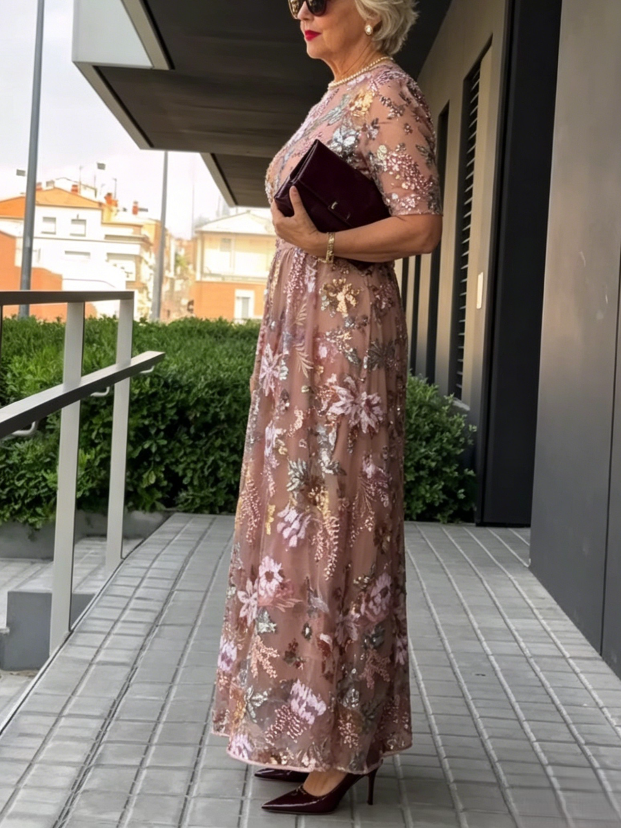 Blush Floral Sequin Embellished Tulle Maxi Dress