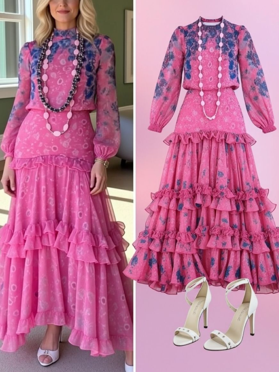 Pink Floral Tiered Ruffle Chiffon Maxi Dress