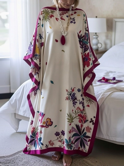 Cream Floral Burgundy Trim Satin Maxi Kaftan