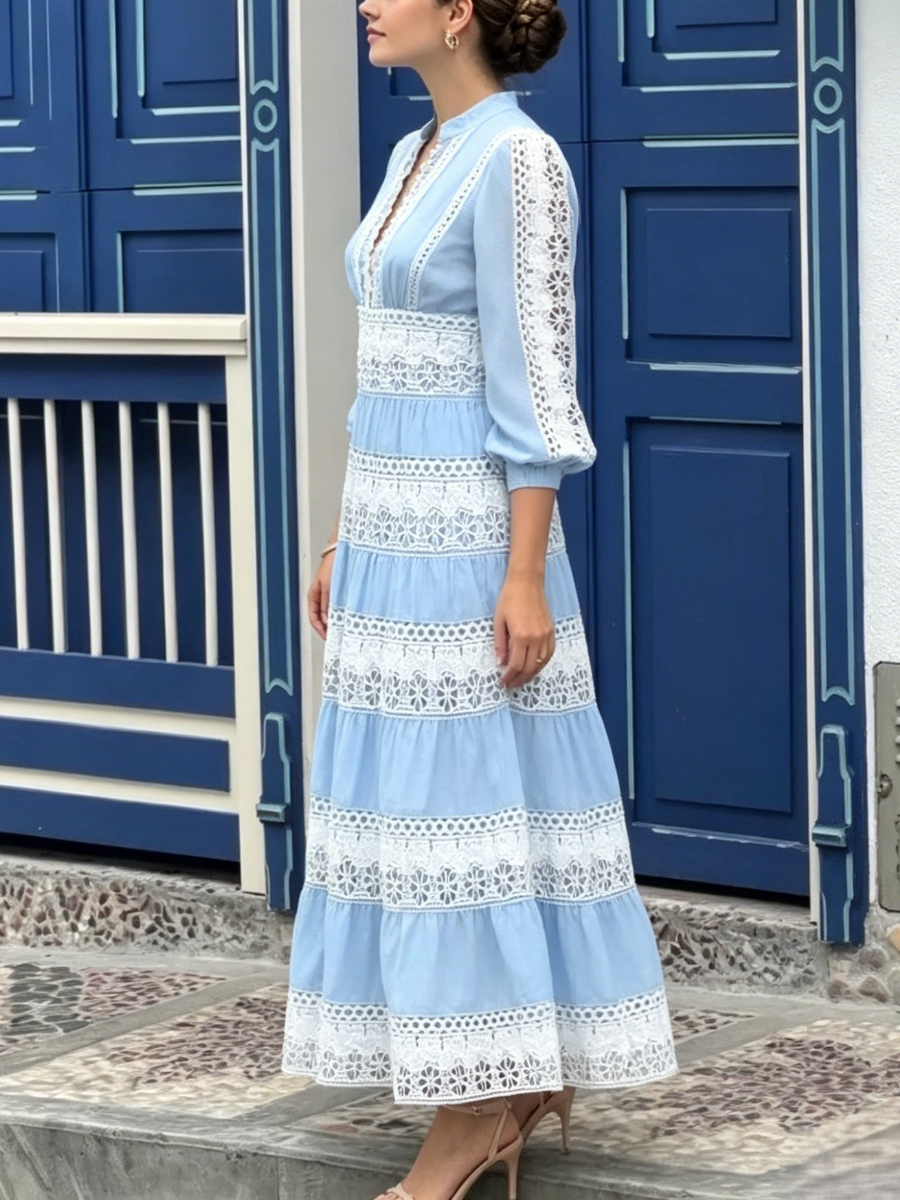 Boho Hollow Lace Trim High Waist Tiered Long Dress
