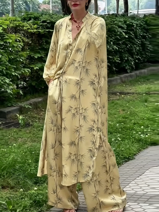 Yellow Bamboo Print Flowy Outfit