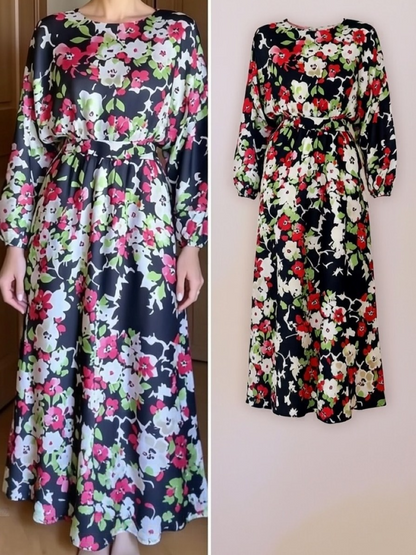 Puff Sleeve Colorful Floral Satin Midi Dress
