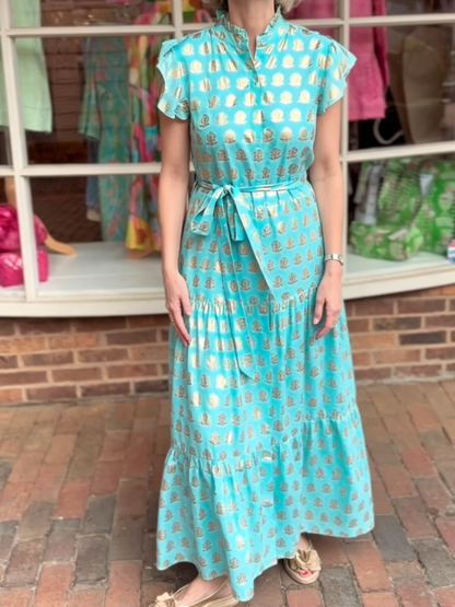 Bright Turquoise Gold Print Tiered Maxi Dress