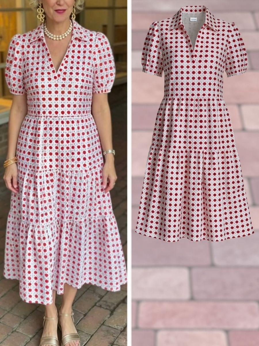 Red Polka Dot Collar Tiered Midi Dress