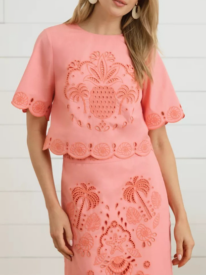 Coral Pineapple Embroidered Eyelet Crop Top