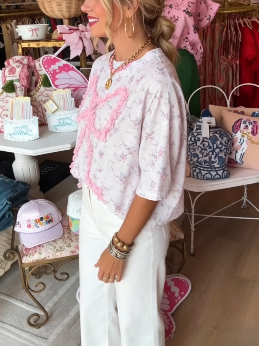 Ditsy Floral Pink Fringe Bow Oversized Casual T-Shirt