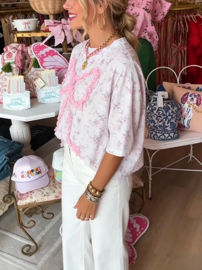 Ditsy Floral Pink Fringe Bow Oversized Casual T-Shirt