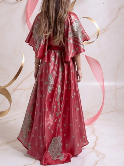 Red Metallic Paisley Print Maxi Dress