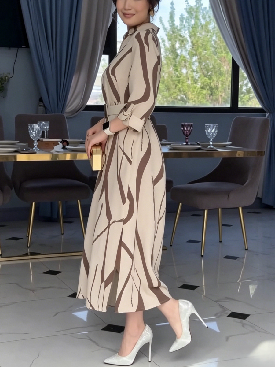 Chic Beige & Brown Abstract Print Midi Shirt Dress