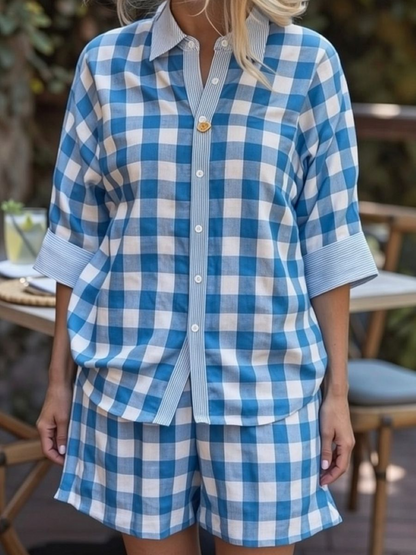 Blue Gingham Contrast Trim 2 Piece Short Set