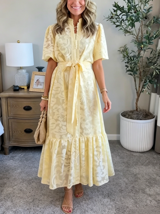 Light Yellow Puff Sleeve Floral Maxi Dress