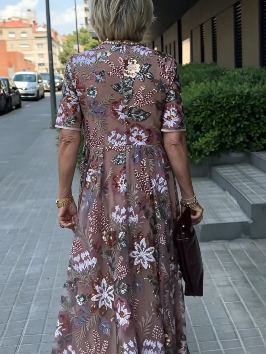 Blush Floral Sequin Embellished Tulle Maxi Dress