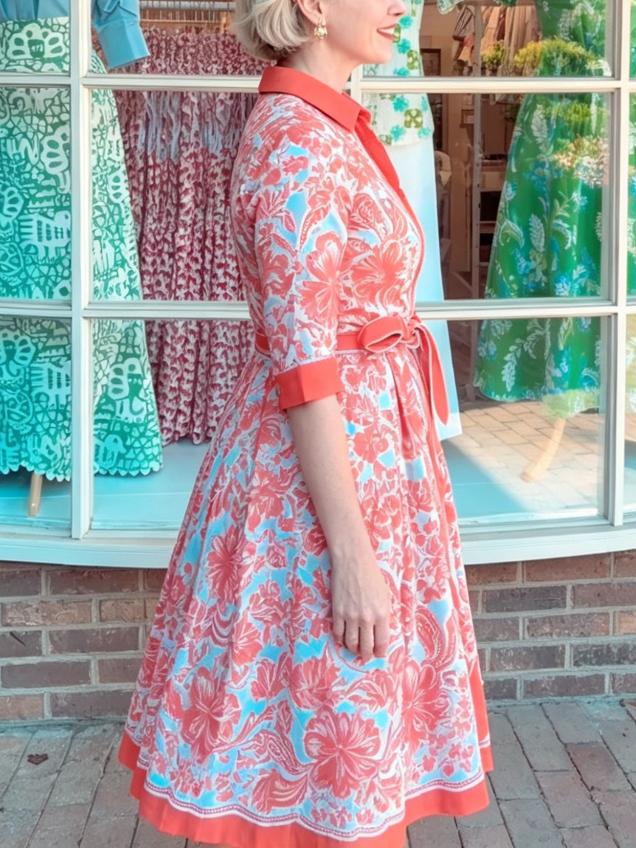 Vintage Tropical Print Waist Tie Flare Hem Shirt Dress