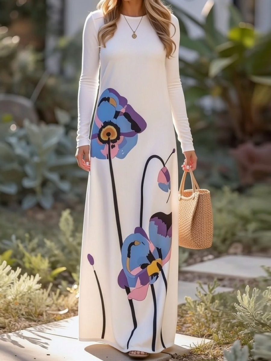 Abstract Floral Print White Maxi Dress