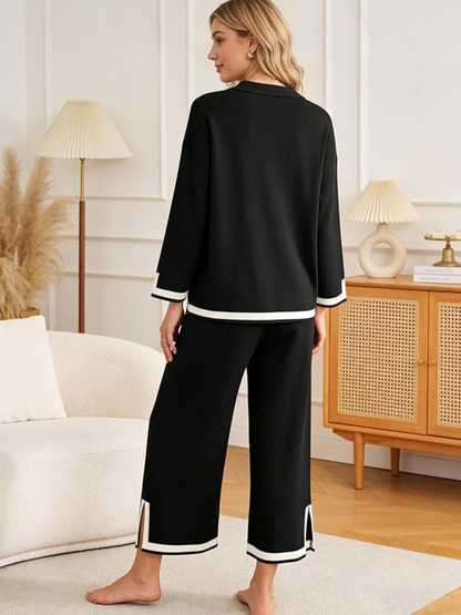 Black White Trim Knit 2 Piece Loungewear Set