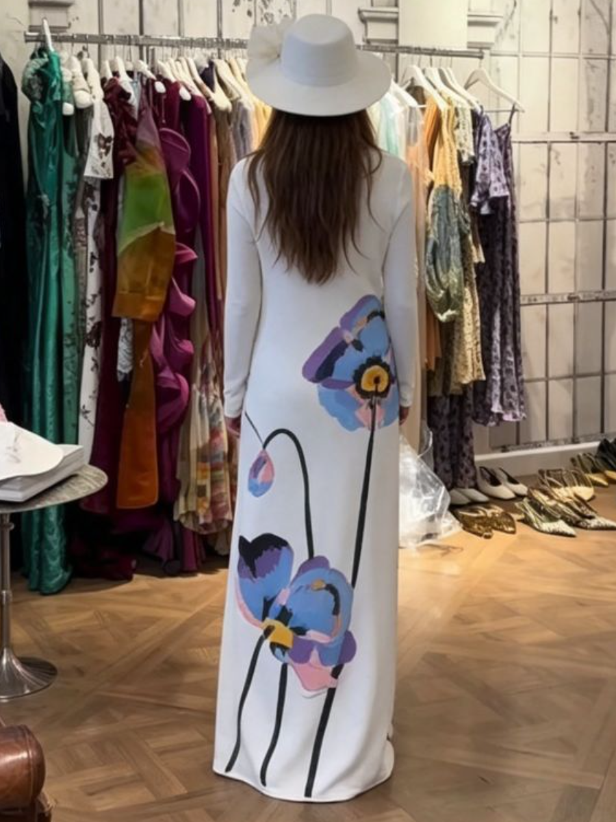 Abstract Floral Print White Maxi Dress