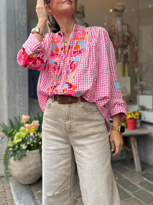 Premium Pink Gingham Embroidered Blouse