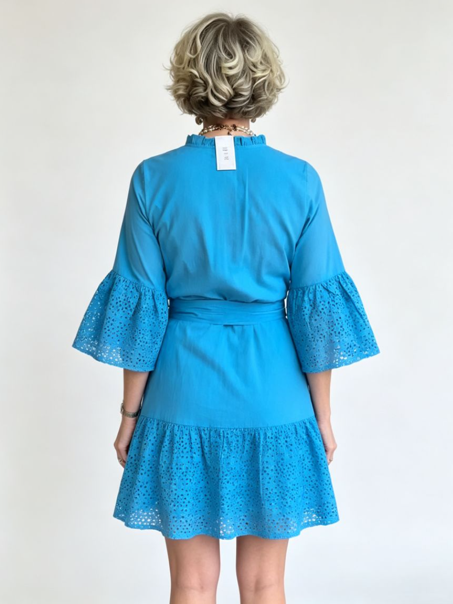 Blue Eyelet Belted Bell Sleeve Mini Shirt Dress