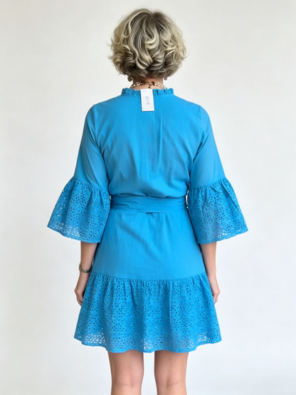 Blue Eyelet Belted Bell Sleeve Mini Shirt Dress